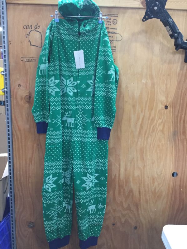 Photo 2 of Womens Fair Isle Christmas Pajamas with Hood - Green Warm Soft, Comfy Holiday One Piece PJs by Silver Lilly (Large)
