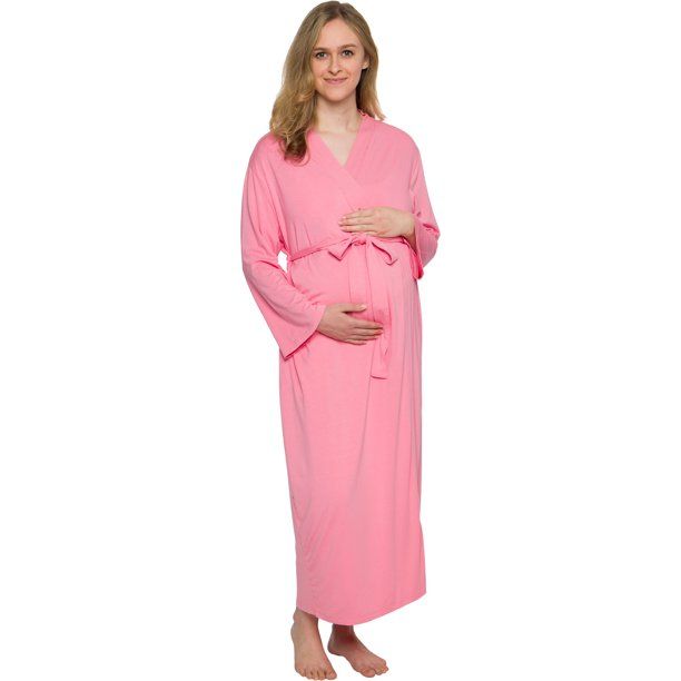 Photo 1 of Full Length Maternity Kimono Robe - Lightweight Labor and Delivery Nursing Bathrobe for Moms - Silver Lilly (Dusty Pink, Small / Medium)

