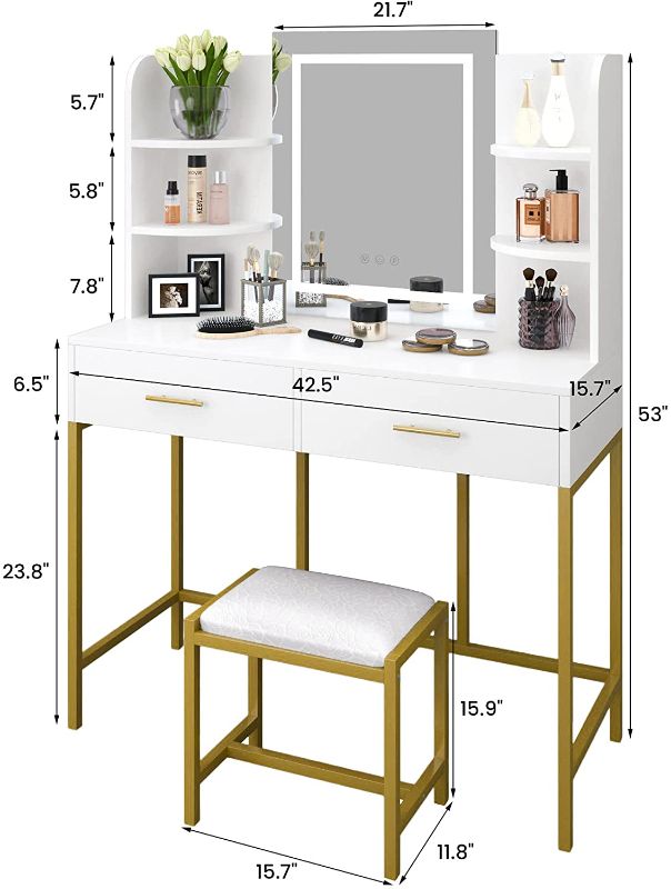 Photo 14 of (Missing Mirror)POVISON Vanity Desk with Lighted Mirror, Makeup Vanity Table with Touch Dimming Mirror, Adjustable LED Light, 2 Drawers 6 Shelves and Cushioned Dressing Stool, White
