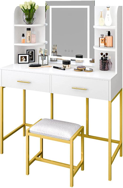 Photo 1 of (Missing Mirror)POVISON Vanity Desk with Lighted Mirror, Makeup Vanity Table with Touch Dimming Mirror, Adjustable LED Light, 2 Drawers 6 Shelves and Cushioned Dressing Stool, White
