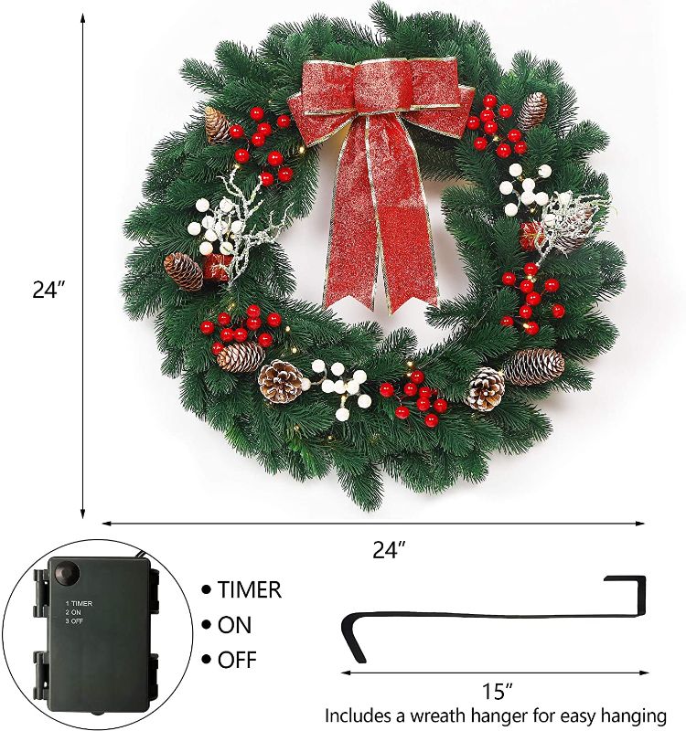 Photo 1 of ATDAWN 24 Inch Christmas Wreath, Outdoor Lighted Christmas Wreath for Front Door, Xmas Wreath for Holiday Christmas Party Decorations **UNABLE TO TEST**
