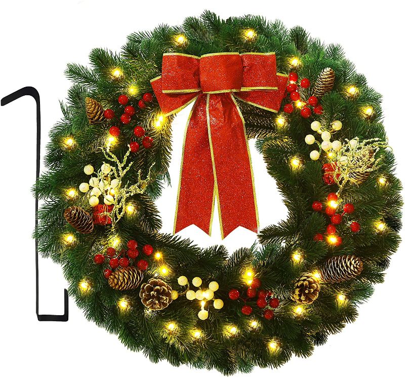 Photo 2 of ATDAWN 24 Inch Christmas Wreath, Outdoor Lighted Christmas Wreath for Front Door, Xmas Wreath for Holiday Christmas Party Decorations **UNABLE TO TEST**
