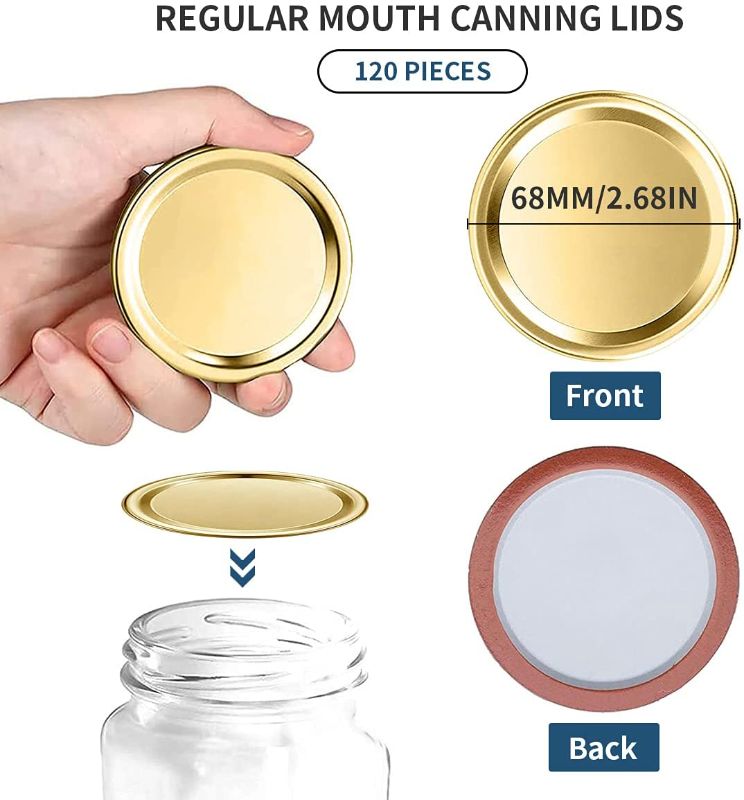 Photo 1 of 120 PCS Regular Mouth Canning Lids for Ball Mason Jars, 70MM Mason Jar Canning Lids Canning Flats Leak Proof, Reusable and Secure Canning Jar Caps with Silicone Seals, Gold
