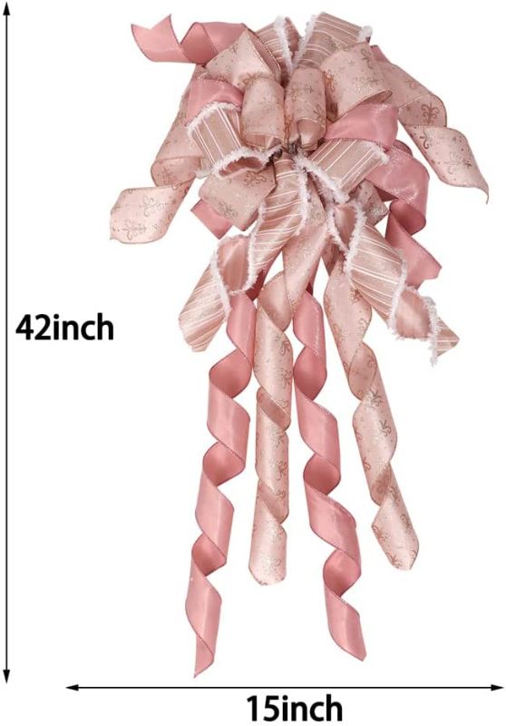 Photo 1 of Christmas Tree Topper Wreath Bow Long Tails 40x13 Inch Rose Gold Bows Decorative Large Colorful Wired Edge Xmas Supplies Bows Wall Ornaments for Home Decor(Rose Gold)
