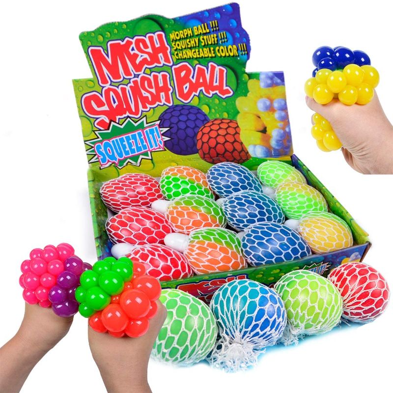 Photo 1 of **BOX IS DAMAGED BUT PRODUCT INSIDE IS NEW** Mesh Squishy Balls 12 PCS Grape Squeeze Balls with Exclusive Sewn Mesh Color Changing Stress Balls,Anti-Anxiety Toys, Relieve Pressure Balls Sensory Calm Focus Toys,Stress Relief Ball for Girls Boys 

