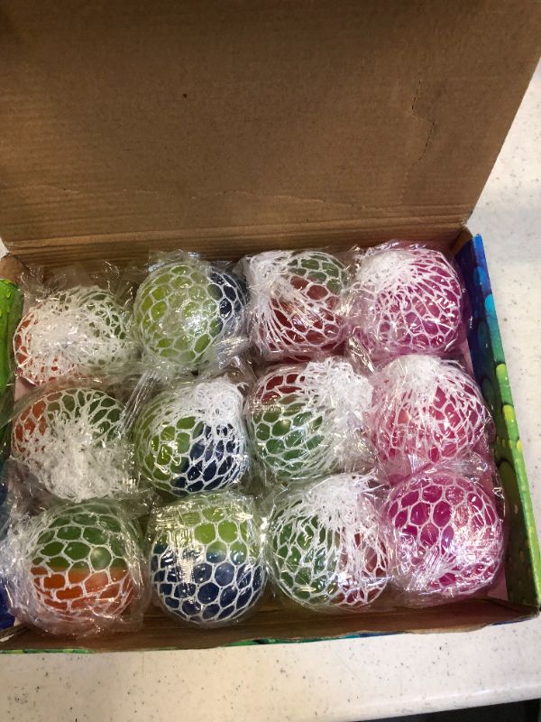 Photo 3 of **BOX IS DAMAGED BUT PRODUCT INSIDE IS NEW** Mesh Squishy Balls 12 PCS Grape Squeeze Balls with Exclusive Sewn Mesh Color Changing Stress Balls,Anti-Anxiety Toys, Relieve Pressure Balls Sensory Calm Focus Toys,Stress Relief Ball for Girls Boys 
