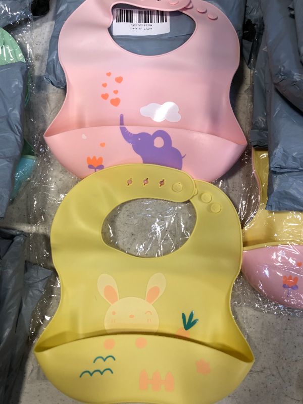 Photo 1 of 2 Pack Super Soft Silicone Bib For Babies, Waterproof with Roll Up Food Catcher, Easy to Clean, Washable Toddlers Unisex Kids Machine Washable Animal Design No-Mess Food Grade