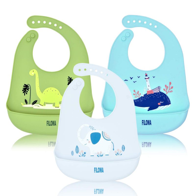 Photo 1 of 3 Pack Super Soft Silicone Bib For Babies, Waterproof with Roll Up Food Catcher, Easy to Clean, Washable Toddlers Unisex Kids Machine Washable Animal Design No-Mess Food Grade