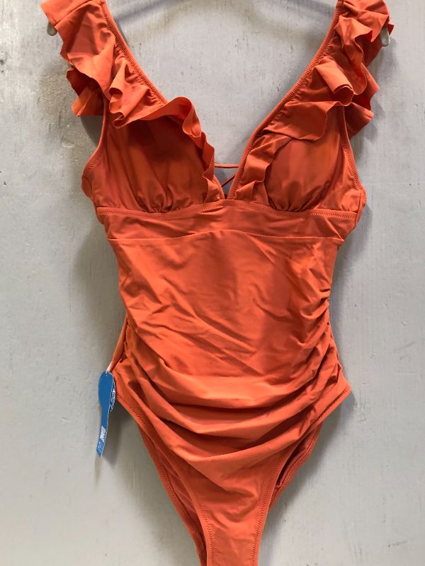 Photo 1 of Blake Orange V-Neck Ruffle Lace Up One Piece Swimsuit Size Small NEW