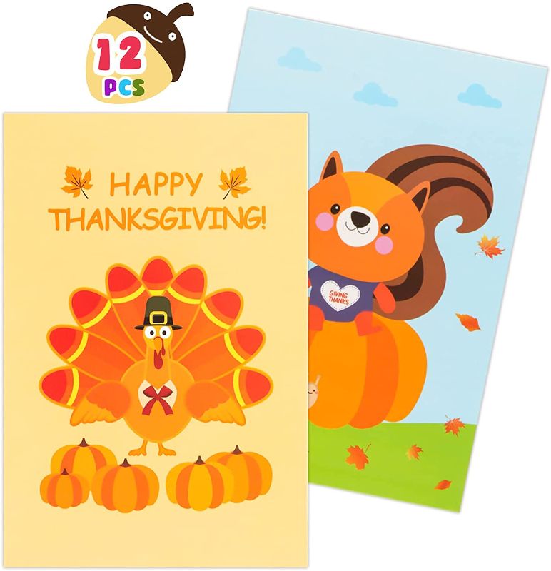 Photo 1 of 12 Thanksgiving Greeting Cards with Envelopes for Kids Adults Friends, 4" x 6" Turkey Squirrel Postcards for Thanksgiving Dinner Family Feast Fall Party
