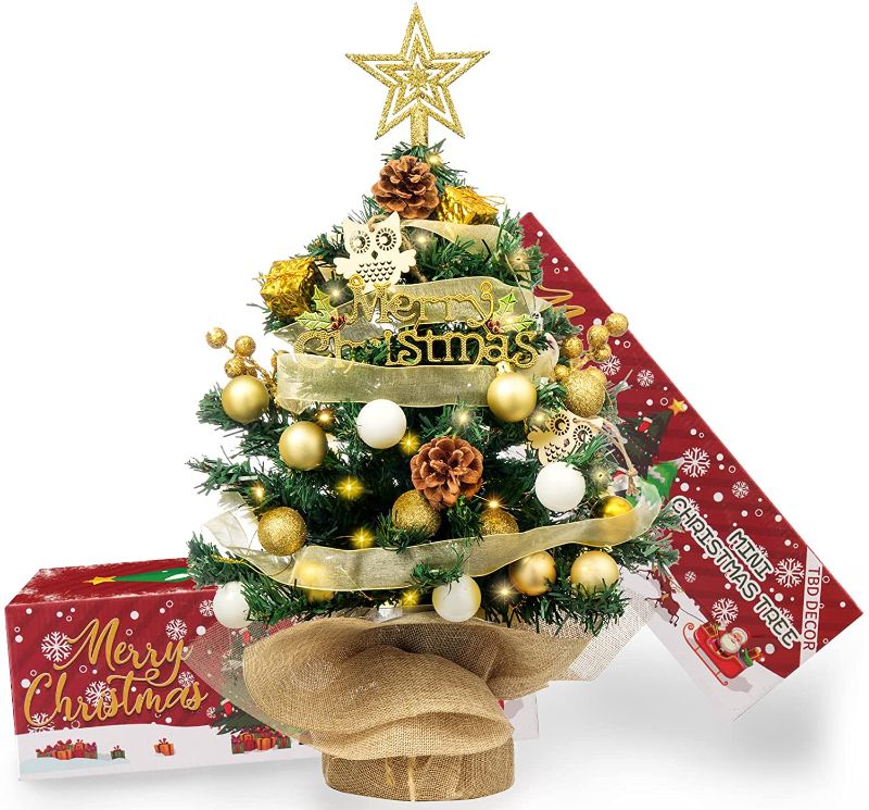 Photo 1 of 20'/50cm Mini Christmas Tree,Artificial Small Christmas Tree with Led Lights/Ornaments, Tabletop Christmas Tree for Kids Christmas Decoration Gifts(Gold&White)
