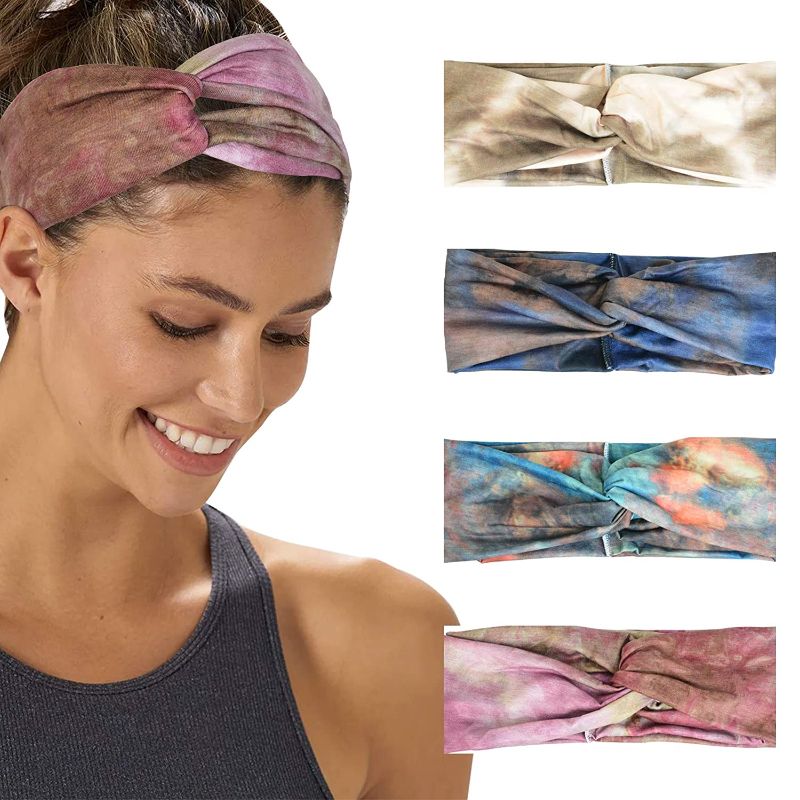 Photo 1 of 4 Pack Women's Headbands Boho Flower Printing Leopard Twisted Criss Cross Elastic Hair Band (Style 2)
