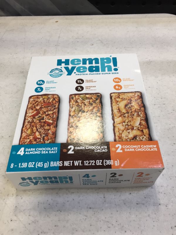 Photo 2 of Manitoba Harvest Hemp Yeah! Bars Variety, 10g Plant Protein, Grain Free, Gluten Free, 6g Omegas 3&6, Healthy Granola bar Alternative Pack of 8 best by 03.10.2022