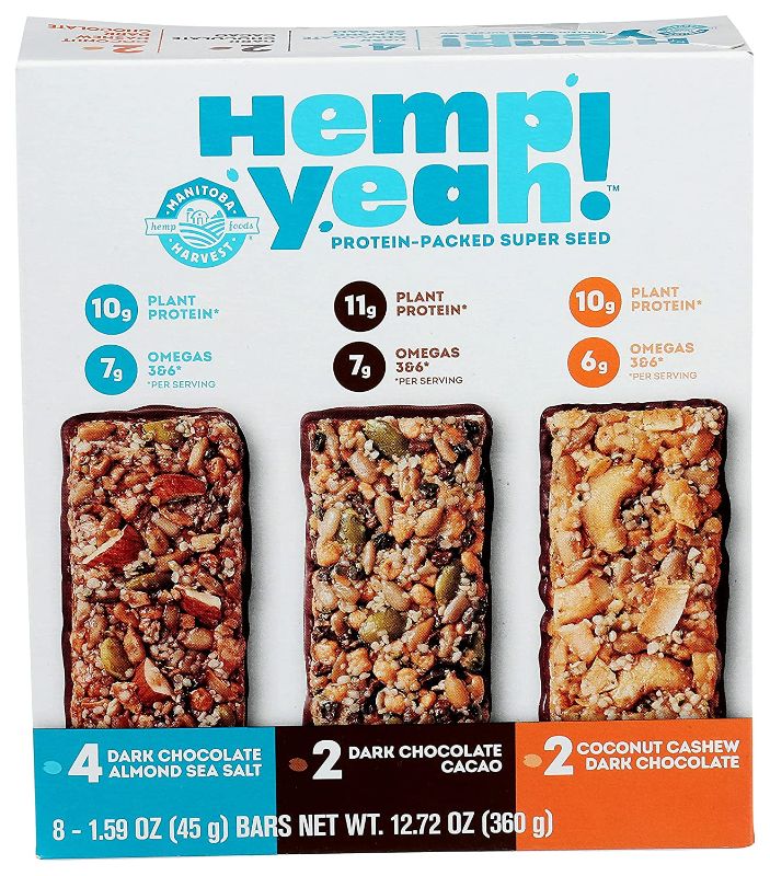 Photo 1 of Manitoba Harvest Hemp Yeah! Bars Variety, 10g Plant Protein, Grain Free, Gluten Free, 6g Omegas 3&6, Healthy Granola bar Alternative Pack of 8 best by 03.10.2022