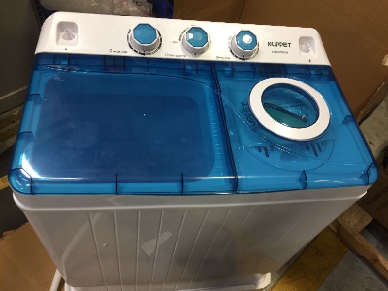 Photo 6 of KUPPET Compact Twin Tub Portable Mini Washing Machine 26lbs Capacity, Washer(18lbs)&Spiner(8lbs)/Built-in Drain Pump/Semi-Automatic (White&Blue)  MODEL 1040603600
