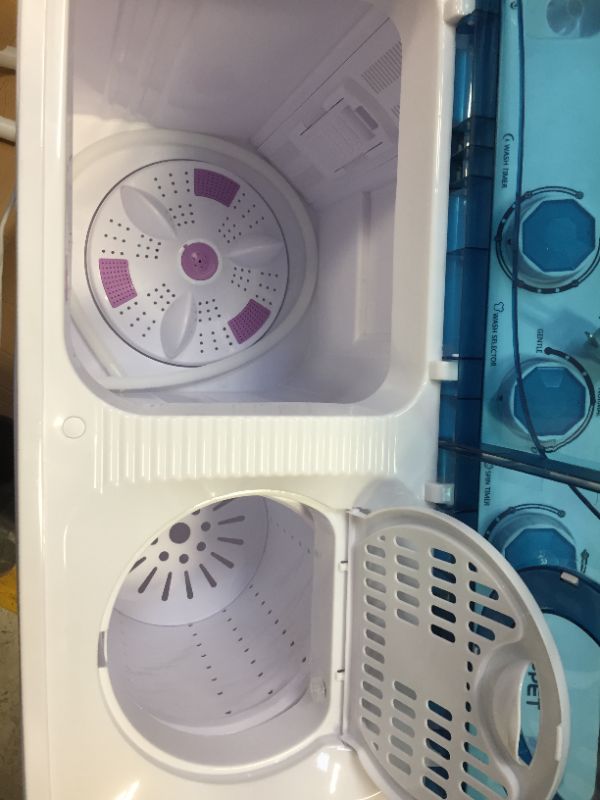 Photo 1 of KUPPET Compact Twin Tub Portable Mini Washing Machine 26lbs Capacity, Washer(18lbs)&Spiner(8lbs)/Built-in Drain Pump/Semi-Automatic (White&Blue)  MODEL 1040603600