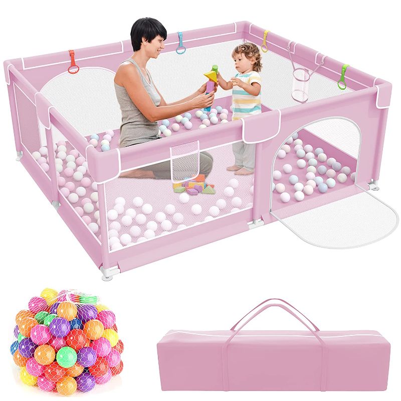 Photo 1 of Baby Playpen,Kids Large Playard with 50PCS Pit Balls,Indoor & Outdoor Kids Activity Center,Infant Safety Gates with Breathable Mesh,Sturdy Play Yard for Toddler,Children's Fences Packable - Pink