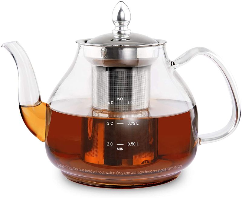 Photo 1 of COSORI Glass Teapot Stovetop Safe Gooseneck Kettle with Removable Stainless Steel Infuser Scale Line for Blooming and Loose Leaf Tea Brewer, BPA Free Durable Borosilicate, 1000mL, Transparent