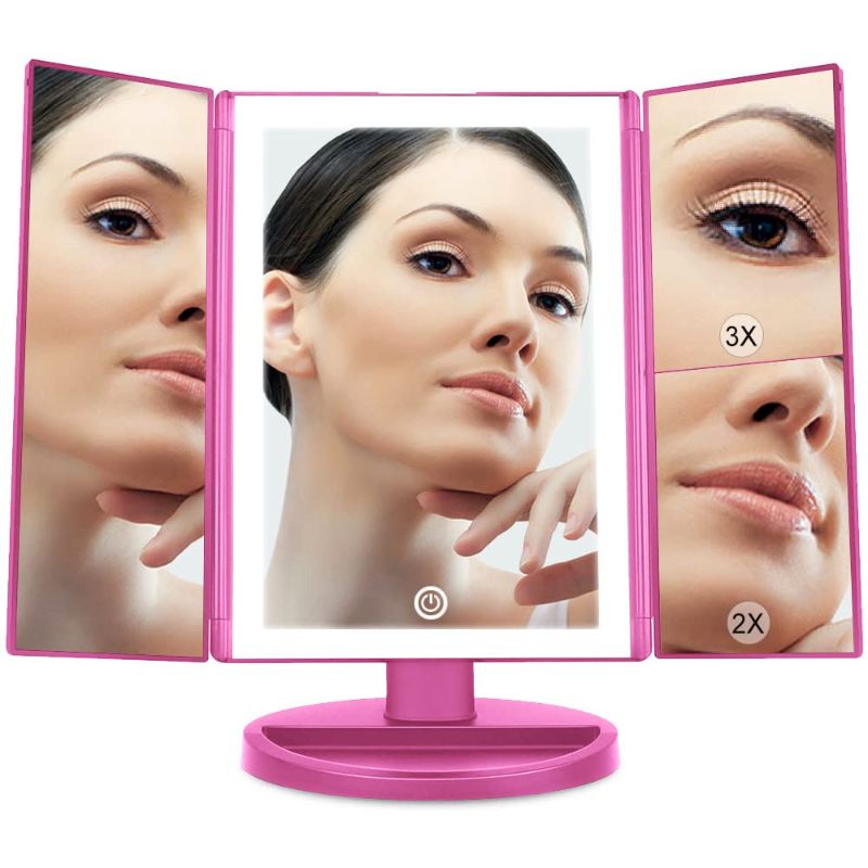 Photo 1 of Beautyworks Illuminated LED Mirror with Magnification, Makeup Mirror, Touch Screen Light Control, 3-Way Mirror, 1/2/3X Magnification, Portable High-Definition Vanity Mirror (Pink)