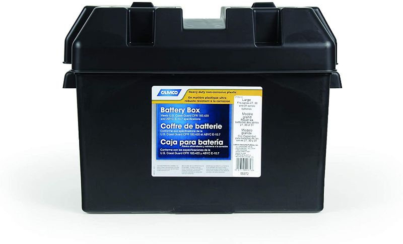 Photo 1 of Camco Heavy Duty Large Box with Hardware | Fits Group 27, 30 and 31 Durable, Anti-Corrosion Material | Safely Stores RV, Automotive, and Marine Batteries (55373) ***OPEN BOX BUT ITEM IS NEW***
