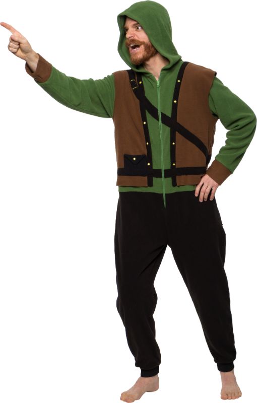 Photo 1 of (2 PACKS) FUNZIEZ! Robin Hood Unisex Adult Costume Pajamas - One Piece Novelty Cosplay Zip-Up Jumpsuit (Green, XXL)