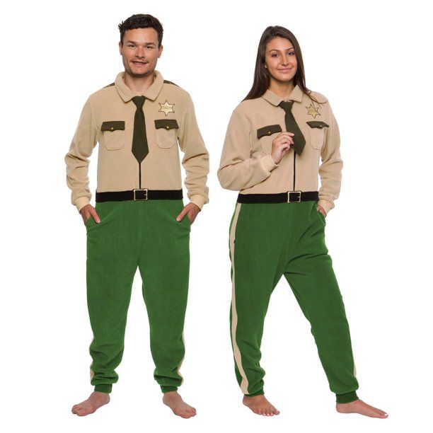 Photo 1 of FUNZIEZ! Unisex Adult Sheriff Costume Pajamas - One Piece Deputy Jumpsuit (Khaki, X-Large) 2 PCK
