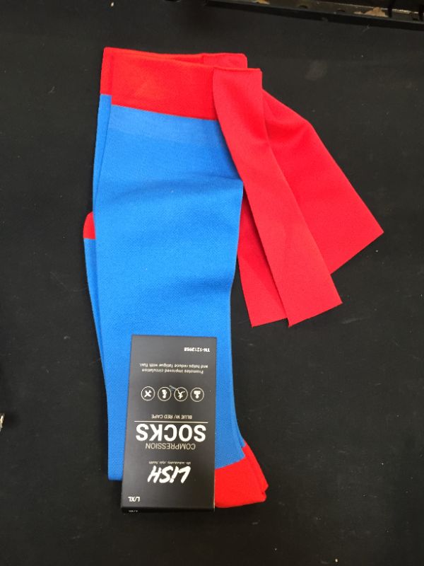Photo 2 of 5x Superhero Compression Running Socks - Graduated Knee-Hi Caped Fun Socks (Blue/Red, L/XL)
