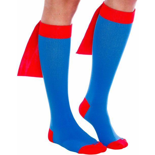 Photo 1 of 5x Superhero Compression Running Socks - Graduated Knee-Hi Caped Fun Socks (Blue/Red, L/XL)
