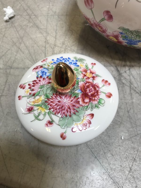 Photo 2 of Beautiful Colored Enamel Porcelain Decorative Multi-Color Floral Helmet Jar or Vase. White Body with Floral and Butterfly Design
