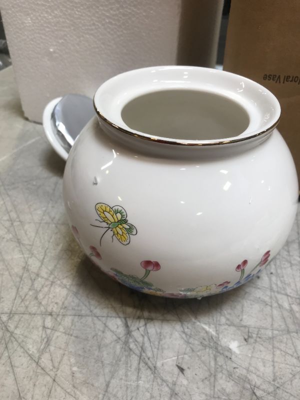 Photo 3 of Beautiful Colored Enamel Porcelain Decorative Multi-Color Floral Helmet Jar or Vase. White Body with Floral and Butterfly Design
