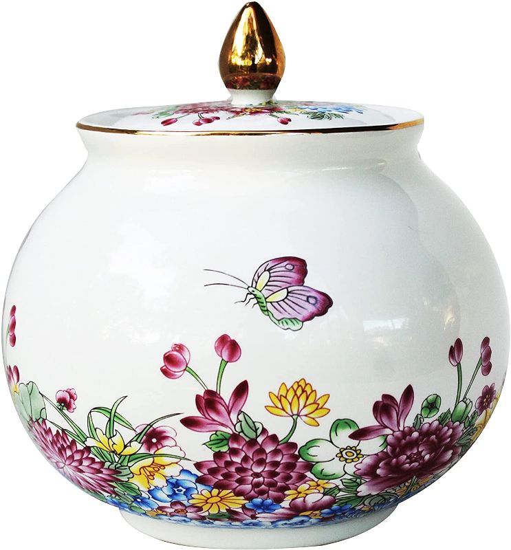 Photo 1 of Beautiful Colored Enamel Porcelain Decorative Multi-Color Floral Helmet Jar or Vase. White Body with Floral and Butterfly Design
