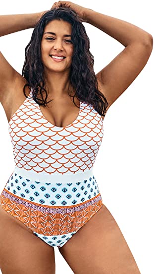 Photo 1 of Fish Scales Printed Plus Size One Piece Swimsuit 2X