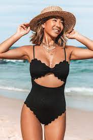 Photo 1 of Black Knotted Scalloped One Piece Swimsuit L