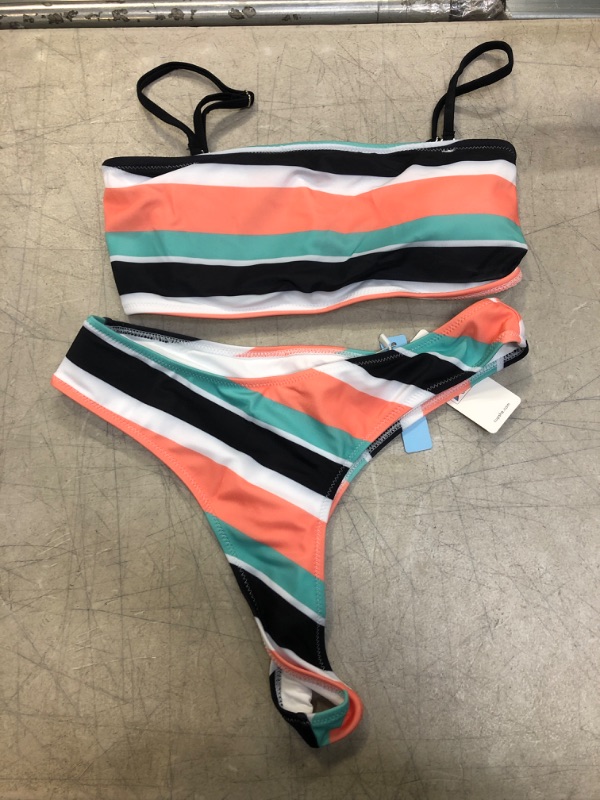 Photo 1 of Colorful Striped Bandeau High Leg Bikini. Medium
