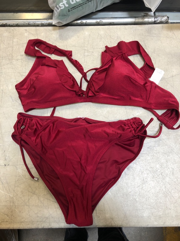 Photo 1 of Mckayla Leafy Tie Waisted Sarong. Medium
Savannah Burgundy Ruffle Crisscross Drawstring Bikini. XL
