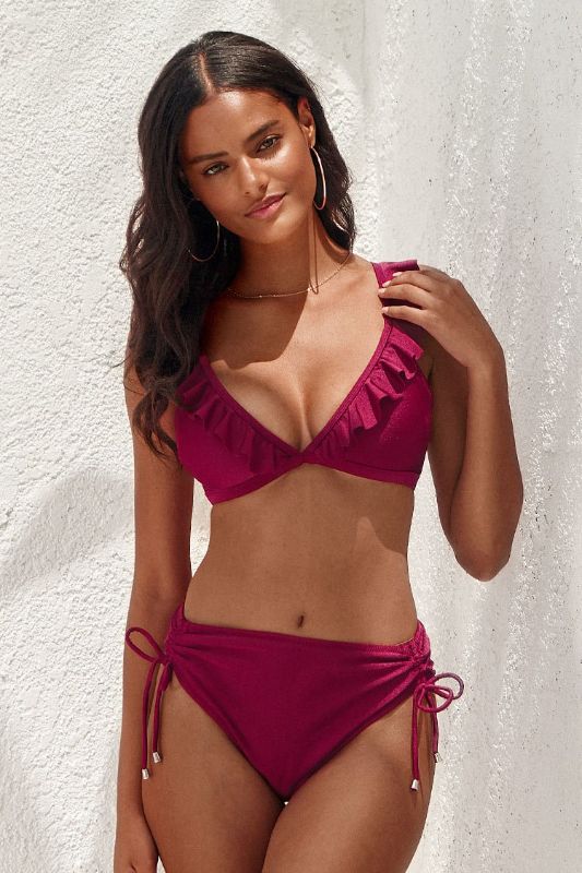 Photo 3 of Mckayla Leafy Tie Waisted Sarong. Medium
Savannah Burgundy Ruffle Crisscross Drawstring Bikini. XL
