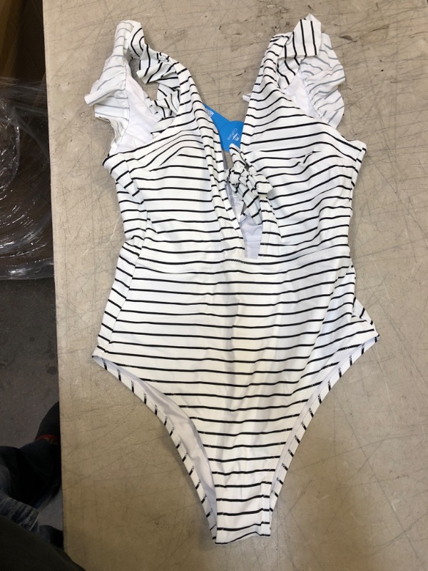 Photo 4 of Eva Wave Striped V-Neck Sleeveless Dress Medium
White And Black Stripe Ruffle One Piece Swimsuit. Large

