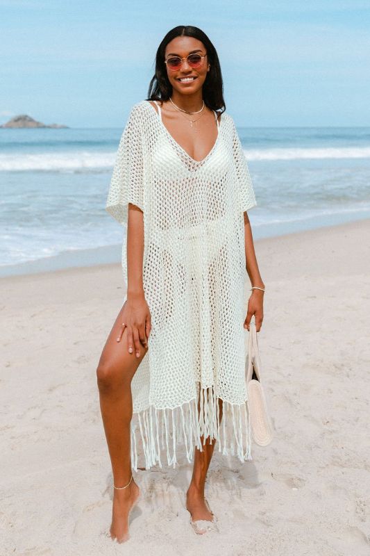 Photo 3 of Solid Black V-Neck One Piece Swimsuit Medium
Madalynn Fringe Hem Split Cover Up Medium

