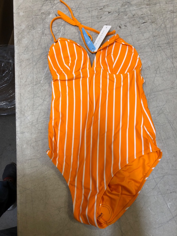 Photo 2 of  Happy Blossom O-Ring Side Shirred One Piece Swimsuit Small
 Generic Orange Striped Swimsuit. Small
