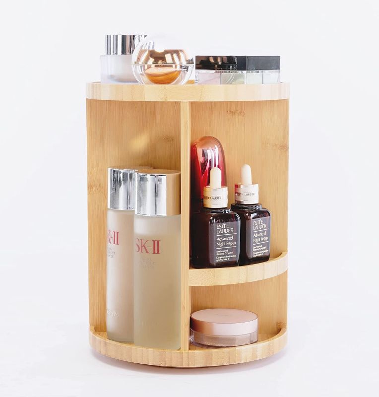 Photo 1 of 360° Bamboo Cosmetic Organizer, Multi-Function Storage Carousel for Makeup, Toiletries, and More — Great for Vanity, Desk, Bathroom, Bedroom, Closet, Kitchen (Bamboo) 360° (Bamboo)
