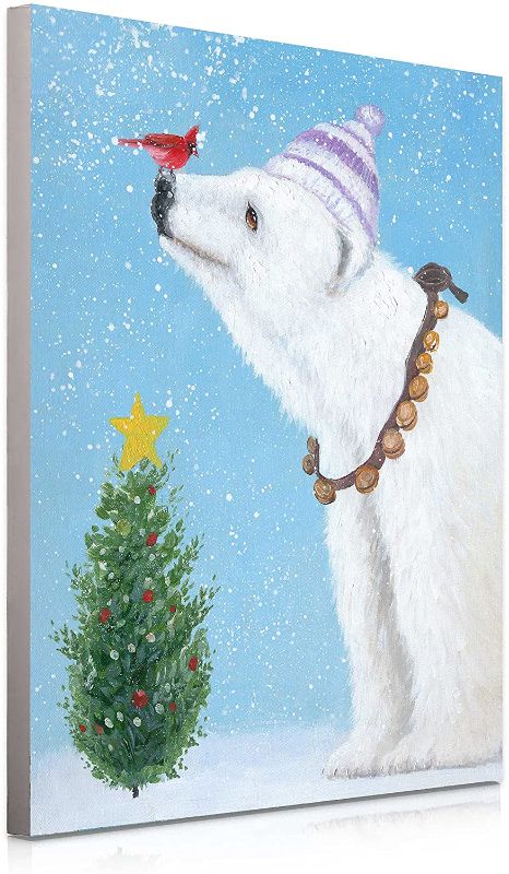 Photo 1 of Yelash Polar Bear Christmas Decoration White Bear Cardinal Bird and Christmas Tree Picture Canvas Wall Art for Bedroom, Living Room, Office Home Décor 12"x16"
