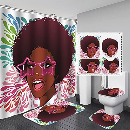 Photo 1 of 4PCS/Set Cool Girl Shower Curtain Waterproof Polyester Shower Curtain, Fashion African American Woman Lady Bathroom Rugs Toilet Lid Cover +12 Hooks, 71"x71", Red
