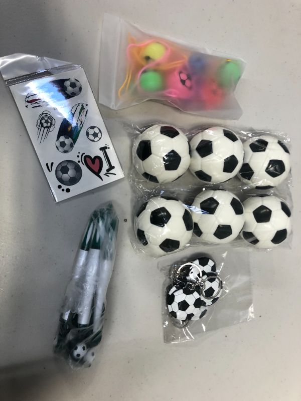 Photo 2 of Konsait Football Party Favors 31pcs Football Key Rings, Football Whistles, Bouncy Footballs, Football Tattoos for Kids Birthday Gift Football Party Sports Game Suppies Boys Party Bags Fillers
