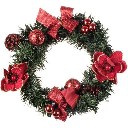 Photo 1 of 12" Christmas Wreath with White Poinsettia, Snow Covered Pine Cones, Red Bows and Ornaments Perfect for Interior or Exterior Christmas Decor Hang on Door