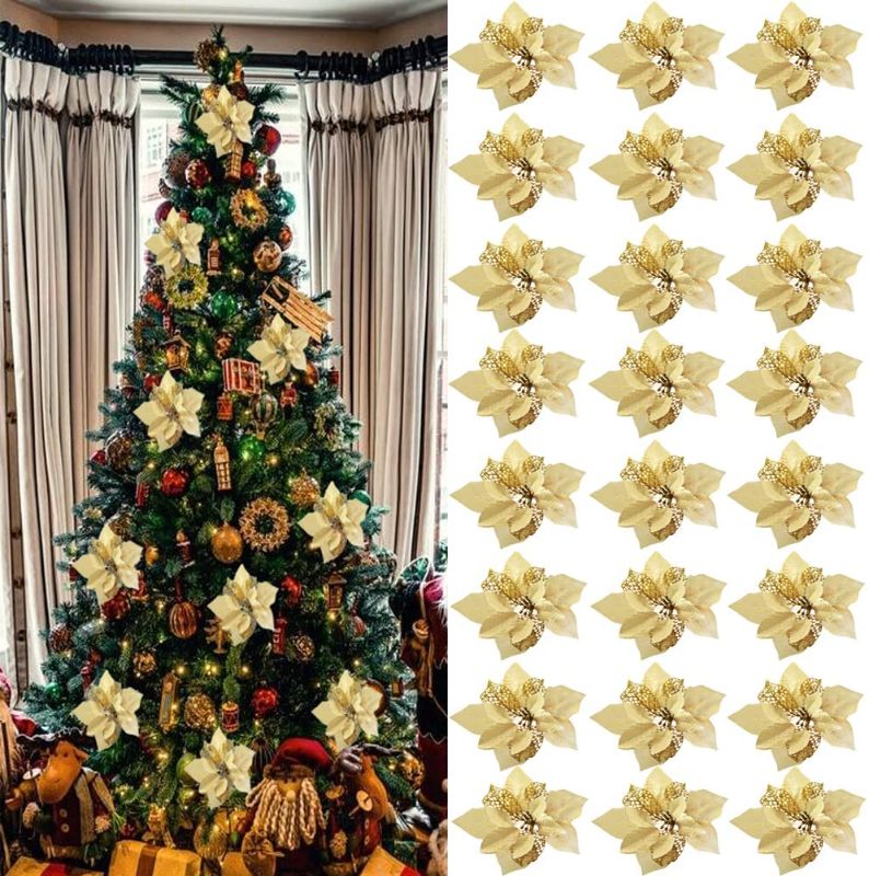 Photo 1 of  24 PCS Gold Poinsettia Artificial Flowers Glitter Christmas Tree Ornaments for Xmas Wedding Party Wreath Decoration