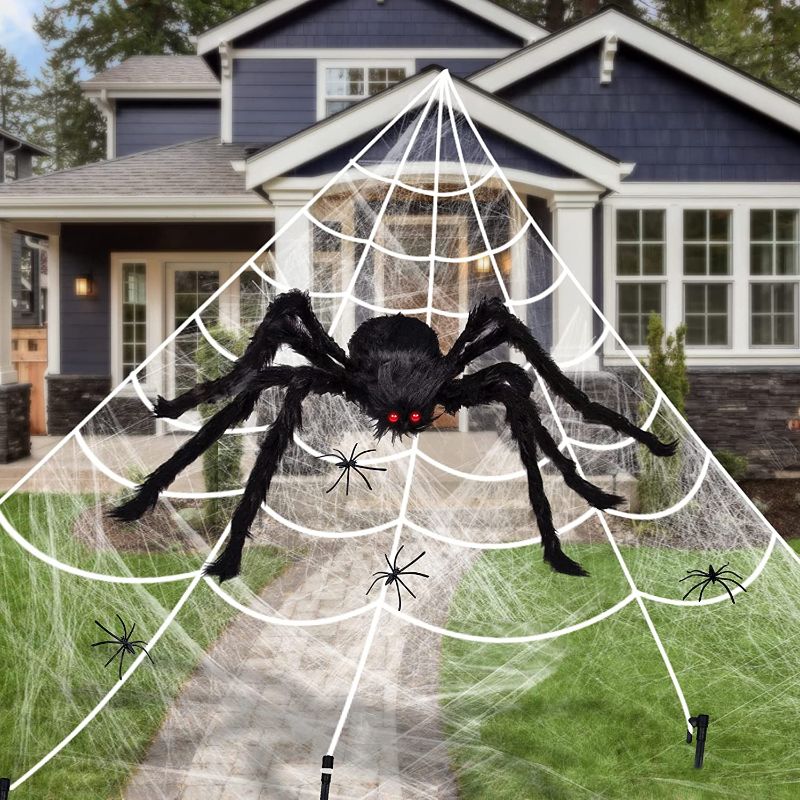 Photo 1 of 200" Halloween Spider Web Decoration, 30" Fake Giant Halloween Spider with Triangular Huge Spider Web, Stretchable Cobweb Set for Indoor Outdoor Halloween Decorations Yard Home Haunted House Décor
