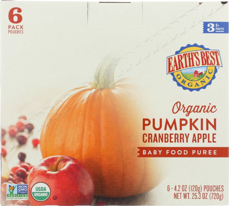Photo 1 of (6 Pack) Earth's Best Organic Stage 3, Pumpkin Cranberry and Apple Baby Food, 4.2 Oz. Pouch FRESHEST BY 2/18/2022
