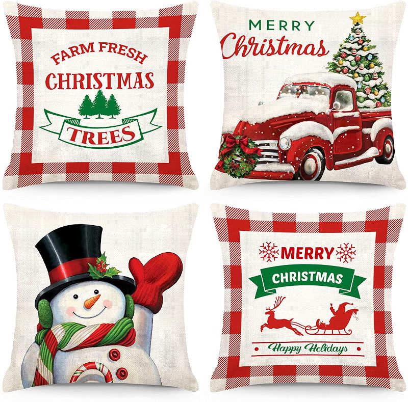 Photo 1 of  Christmas Pillow Covers 18x18 Inch Set of 4 Christmas Decorations Holiday Decorative Vintage Farmhouse Buffalo Check Plaid Throw Pillowcase Linen Cushion Case for Home Decor
