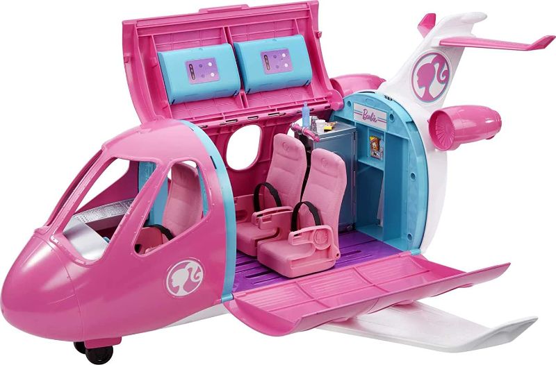Photo 1 of Barbie Dreamplane Transforming Playset with Reclining Seats and Working Overhead Compartments, Plus 15+ Pieces Including a Puppy and a Snack Cart, for Kids 3 Years Old and Up
