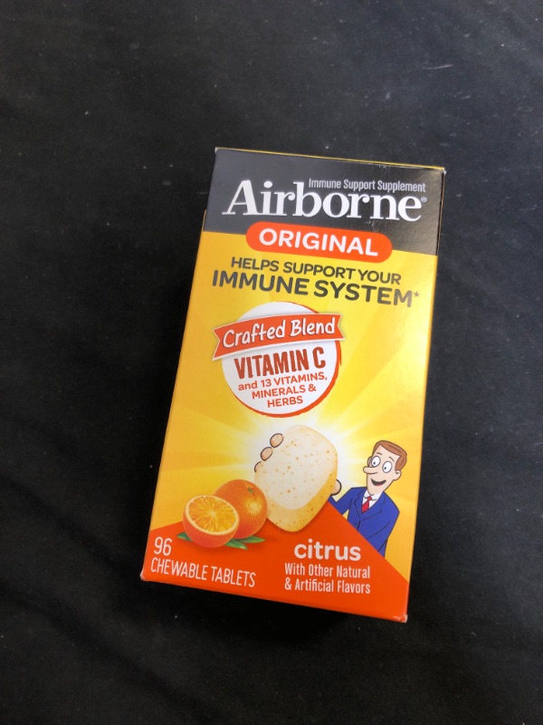 Photo 2 of Airborne 1000mg Vitamin C Chewable Tablets with Zinc, Immune Support Supplement with Powerful Antioxidants Vitamins A C & E - (96 count bottle), Citrus Flavor, Gluten-Free
exp date - 3 - 2022 